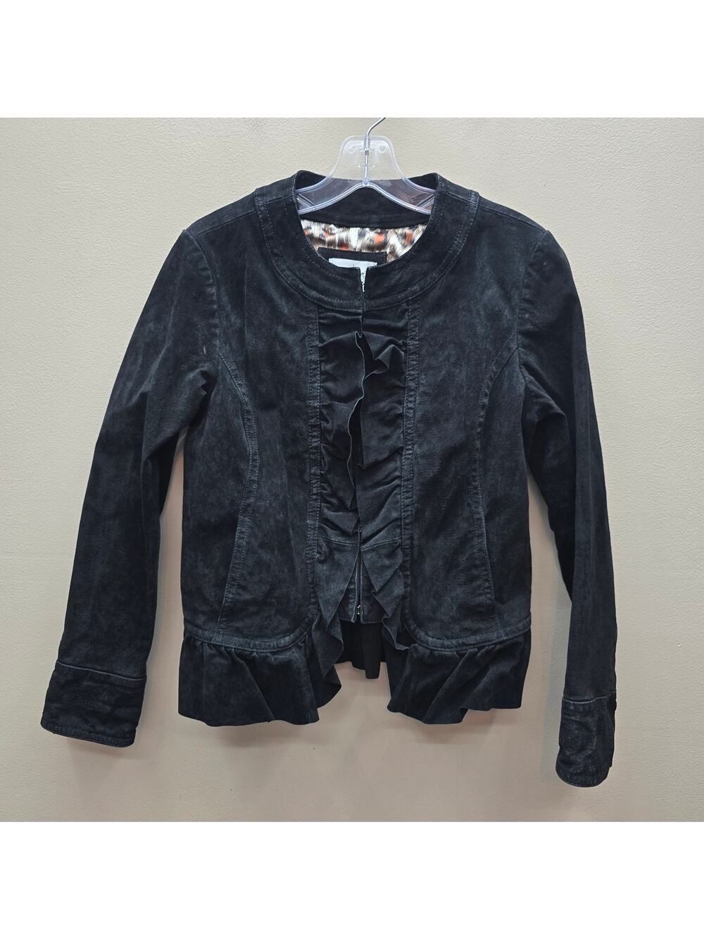 Lal Live a Little 100% Suede Leather Ruffle Front Blazer Jacket Black SZ Small